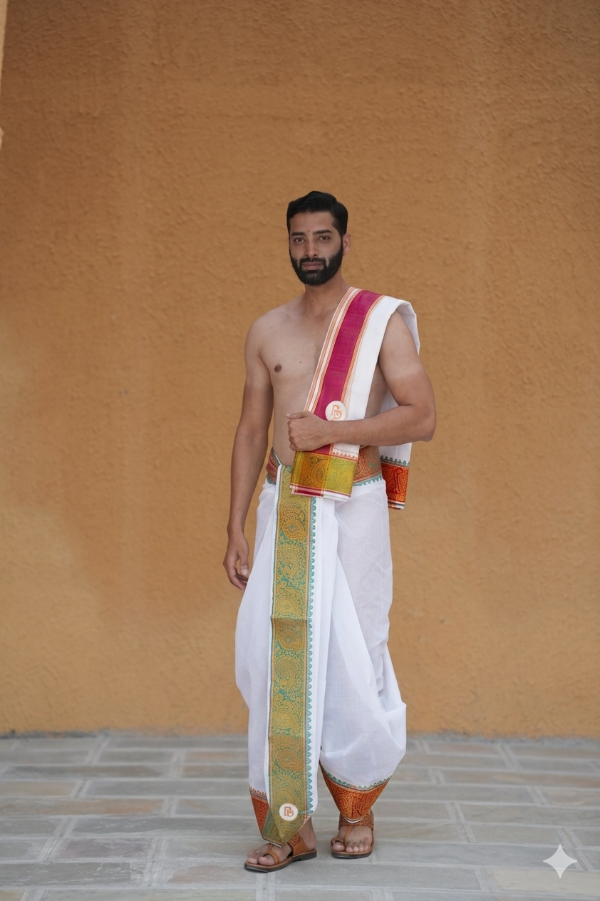 Man wearing a golden zari bordered white cotton dhoti with uparana