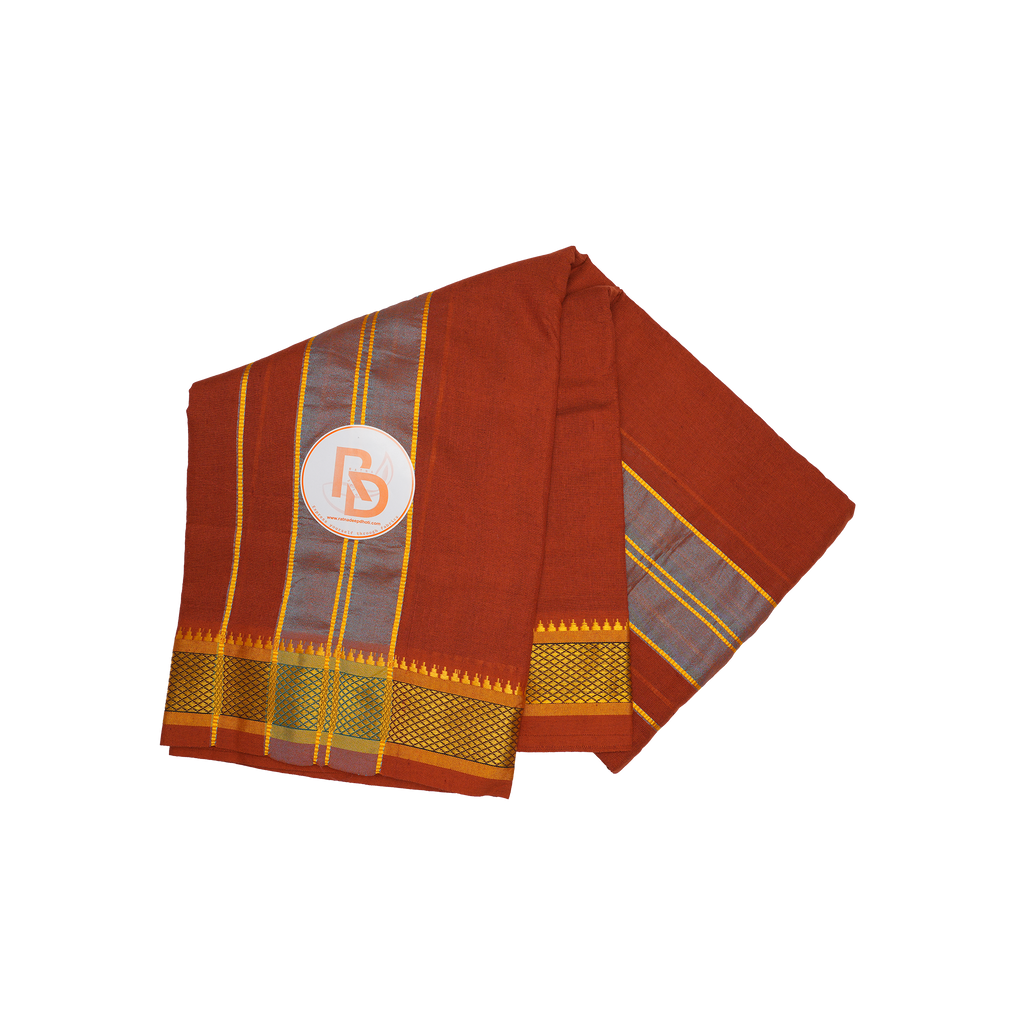 gold zari border rust brown cotton dhoti set