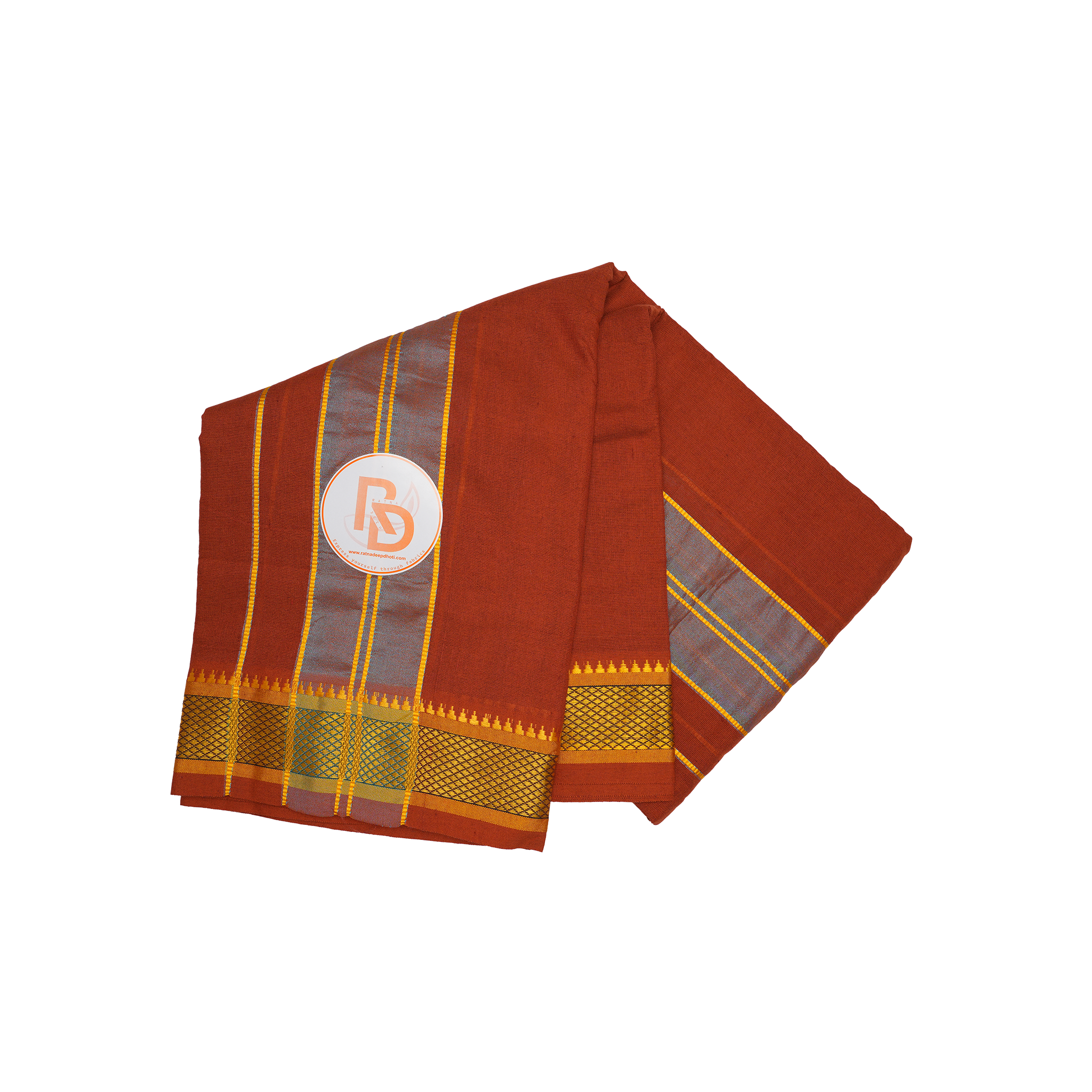 gold zari border rust brown cotton dhoti set