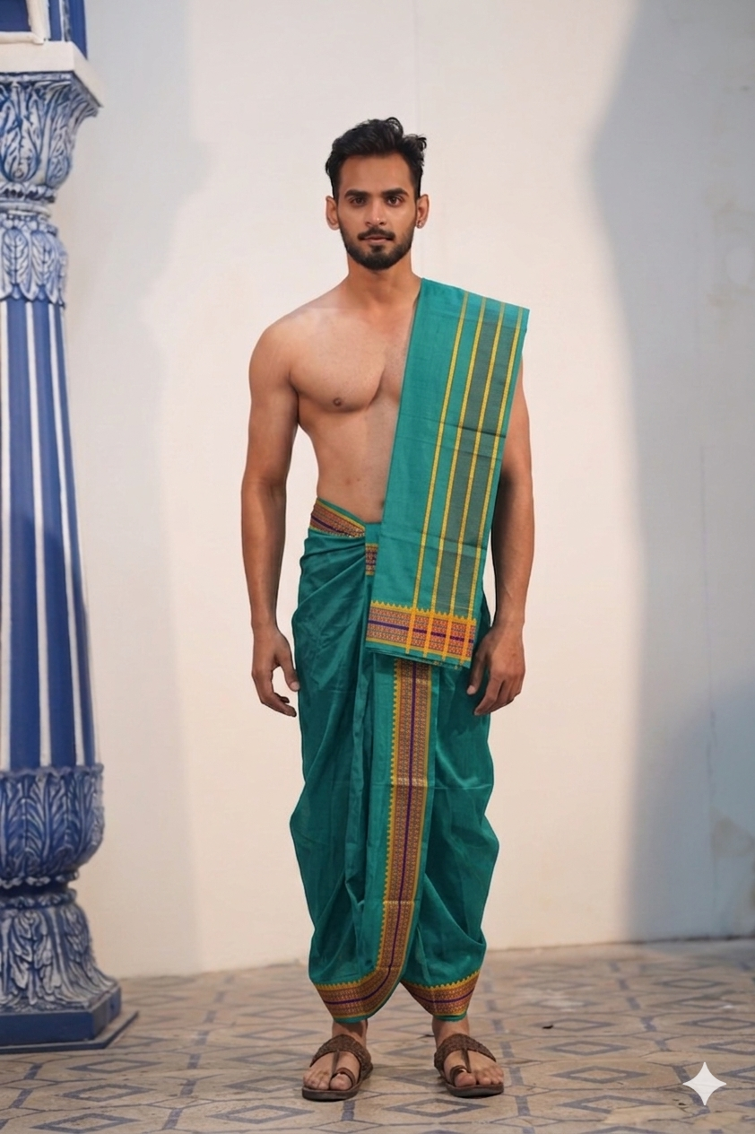 Man wearing a gold zari border teal green cotton dhoti with matching uparana