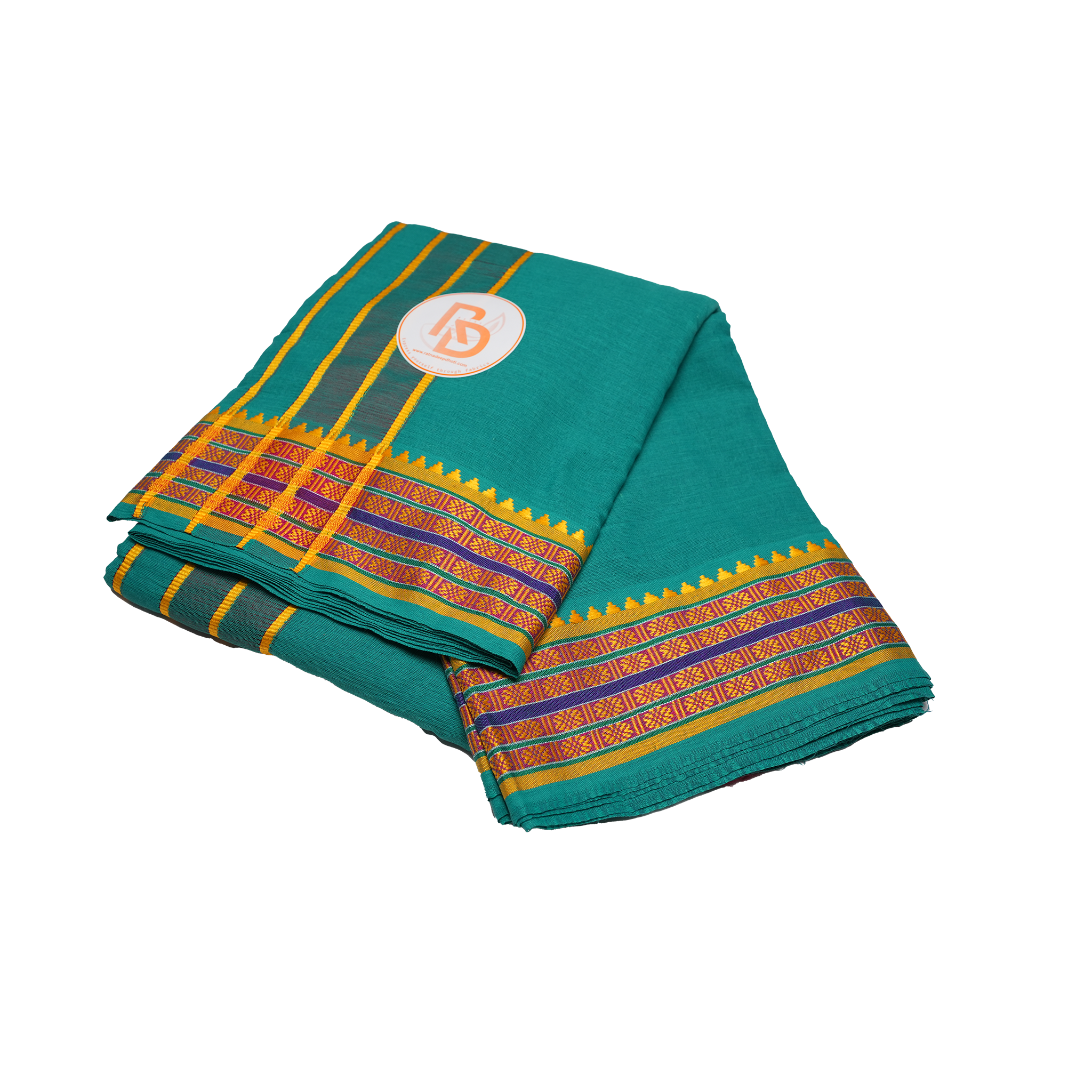 gold zari border teal green cotton dhoti set