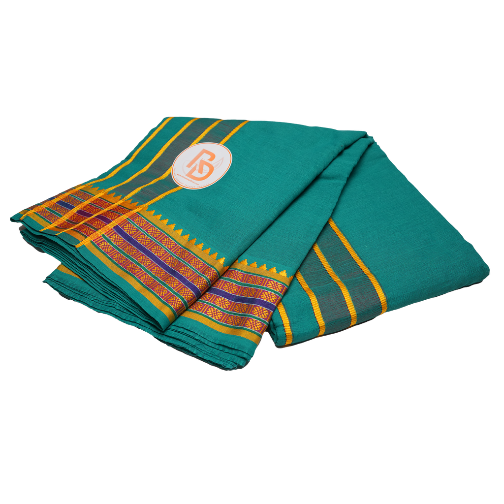 gold zari border teal green cotton dhoti set