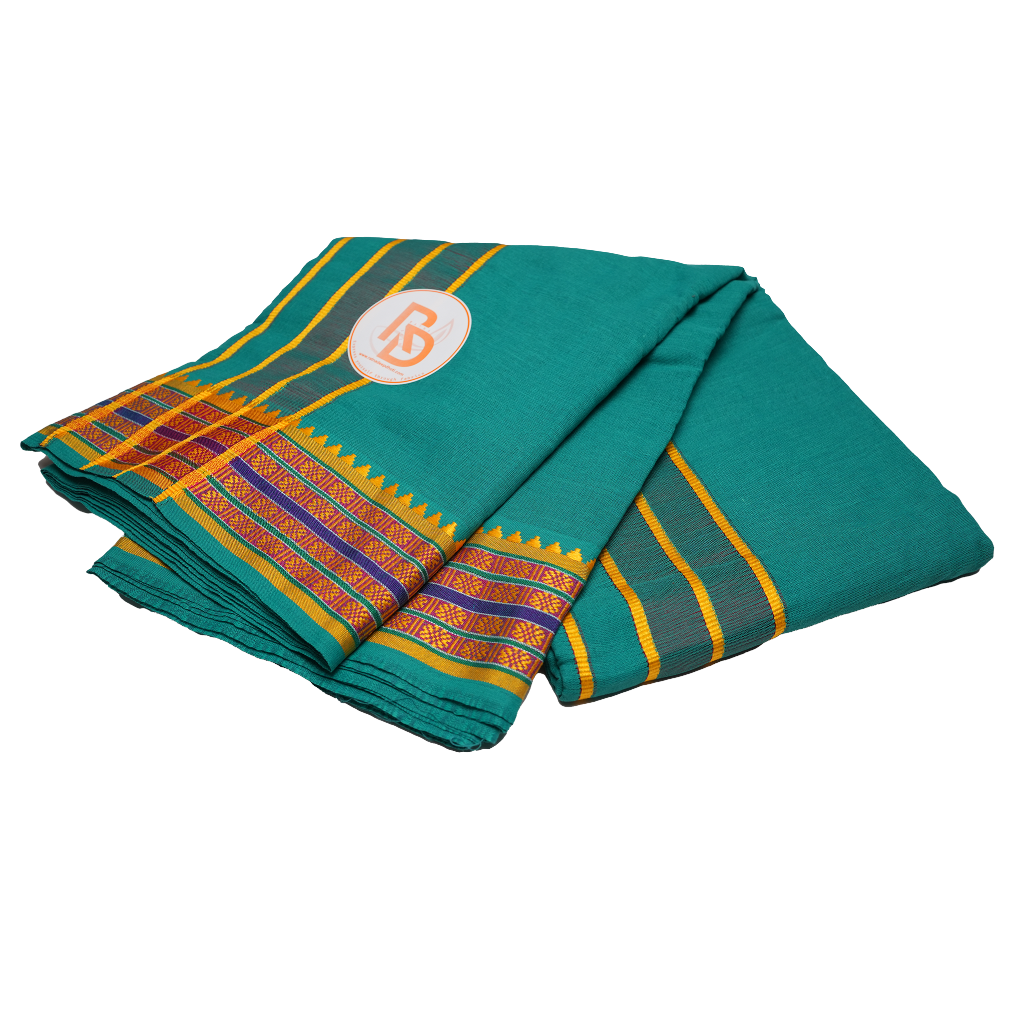 gold zari border teal green cotton dhoti set