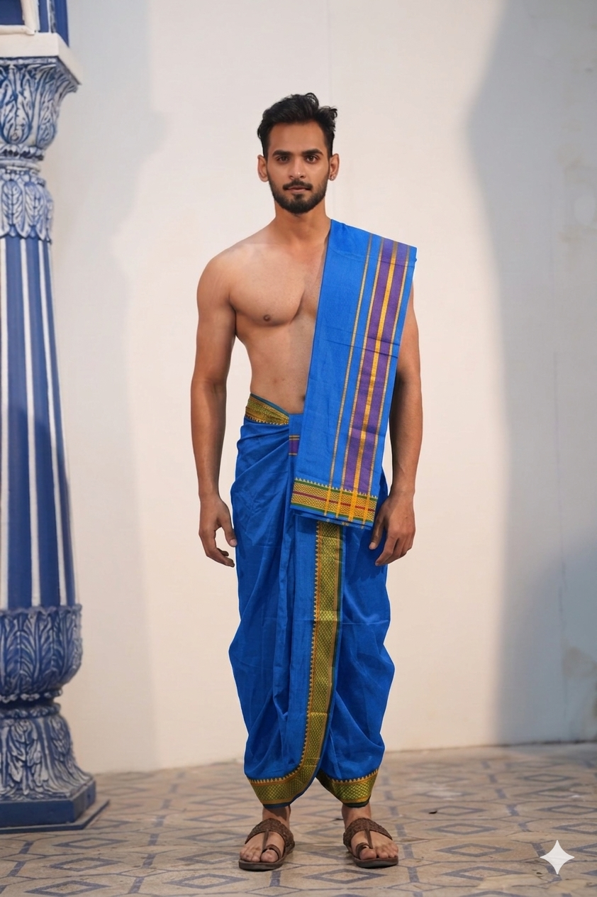 Man wearing a golden border blue cotton dhoti with matching khes