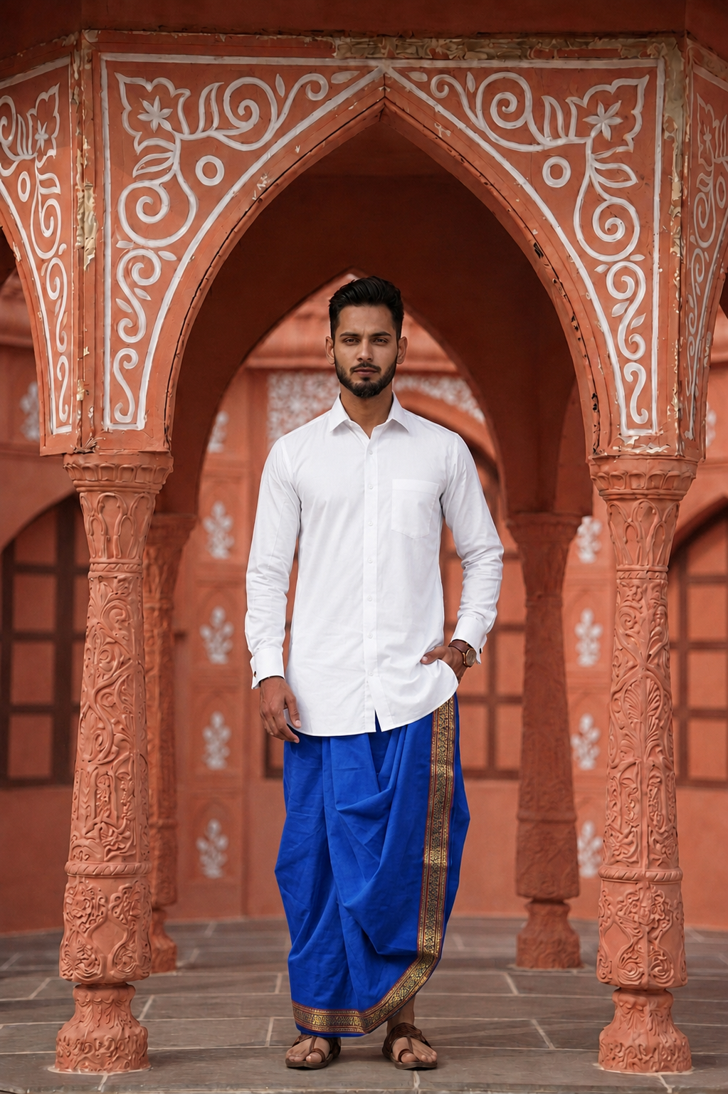 Man wearing a golden border blue dhoti and shirt combo