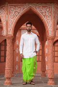 Man wearing a golden border parrot green dhoti and shirt combo