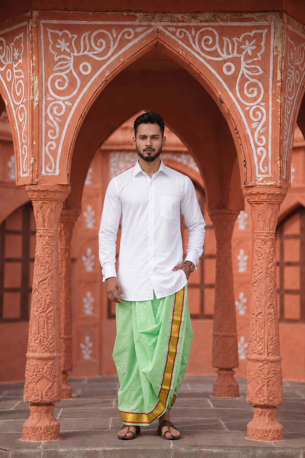 Man wearing a golden border pista green dhoti and shirt combo