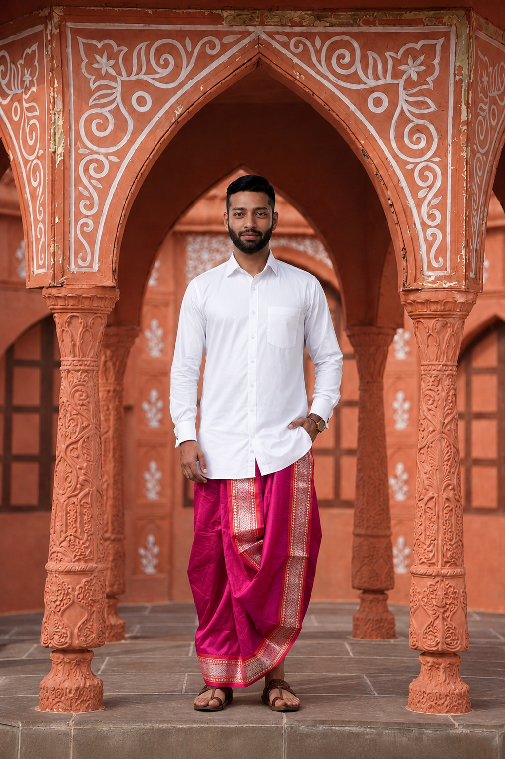 Man wearing a golden border rani pink dhoti and shirt combo