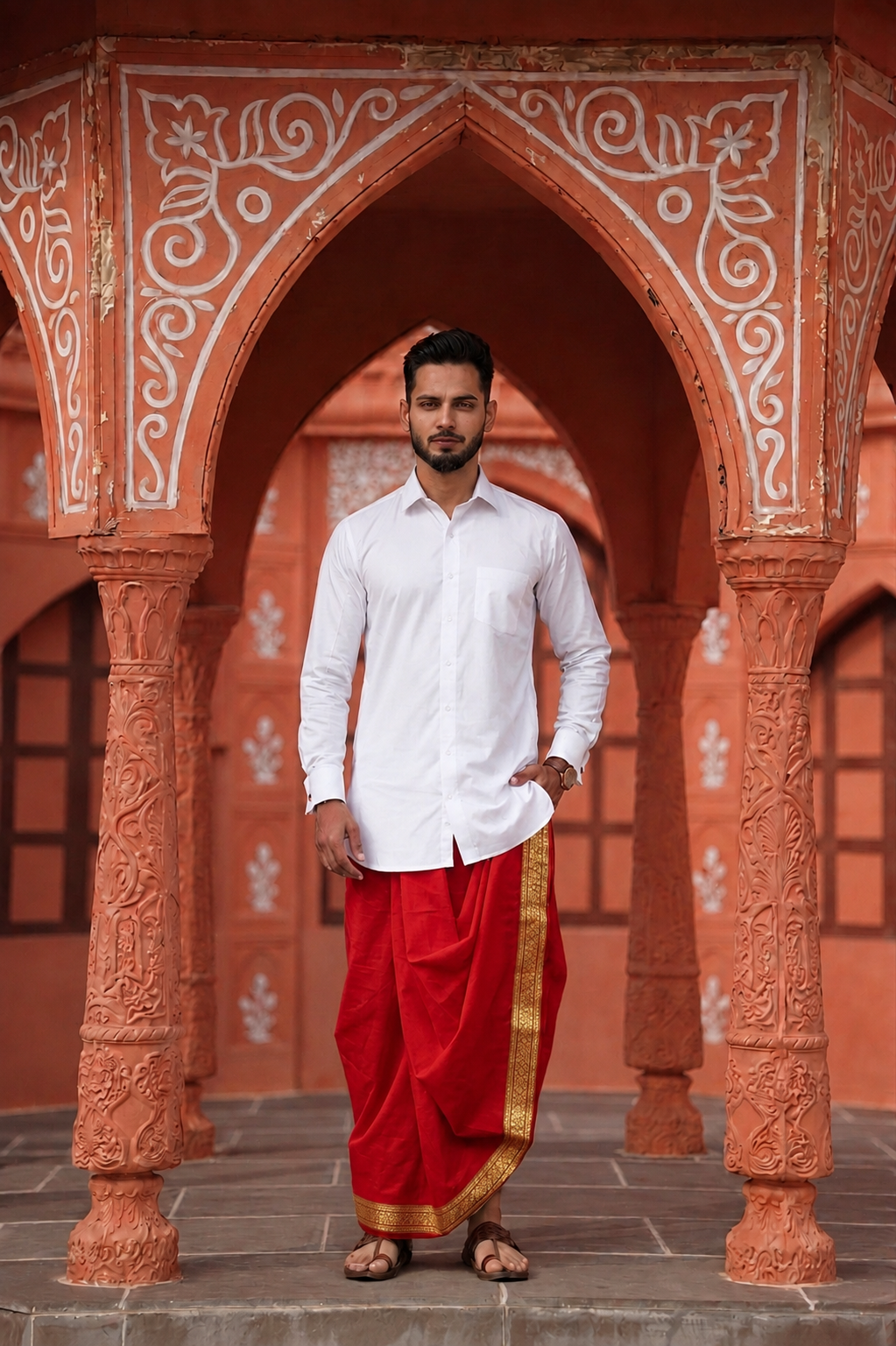 Man wearing a golden border red dhoti and shirt combo