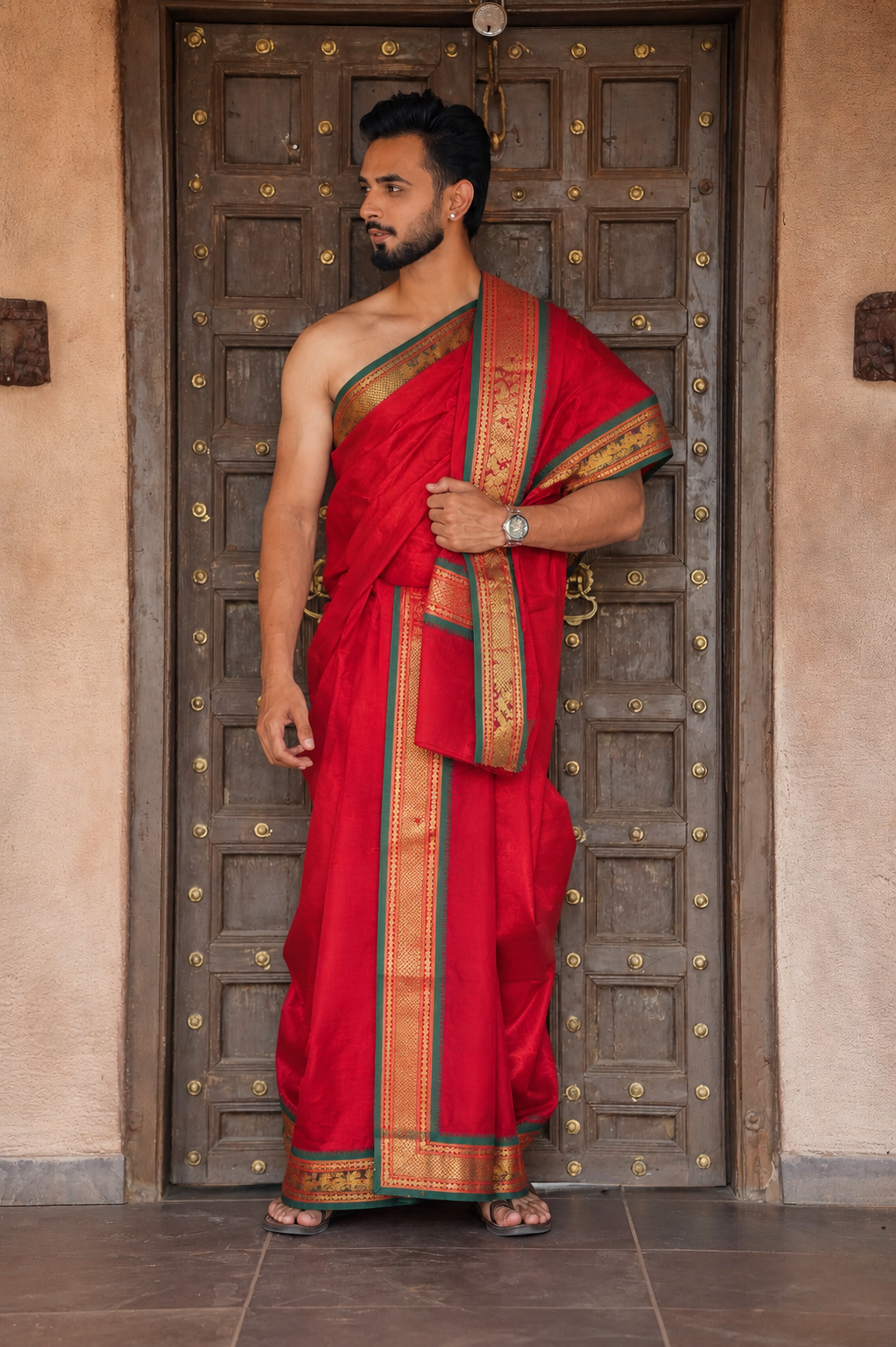 Man wearing a golden border red silk dhoti with uparana