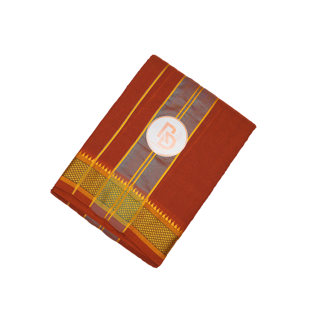 golden border rust brown cotton dhoti set