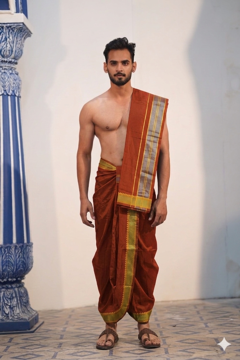 Man wearing a golden border rust brown cotton dhoti with matching angavastram