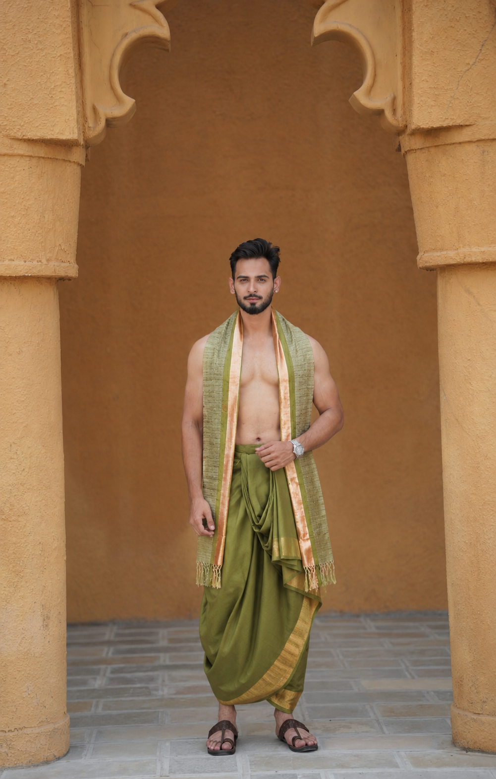 Man wearing a golden border semi silk matka dhoti with gamcha