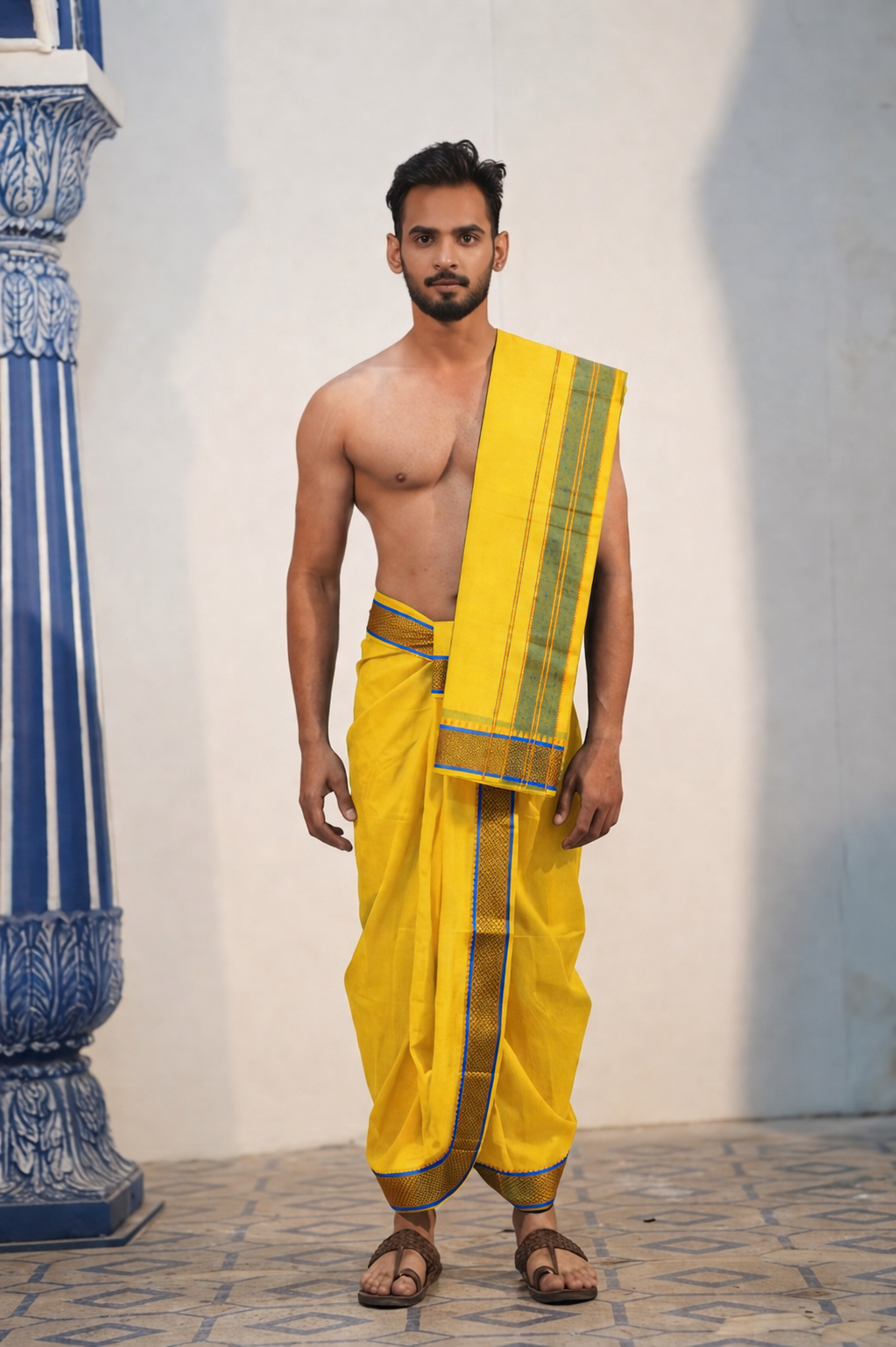 Man wearing a golden border sunburst yellow cotton dhoti with matching uparana