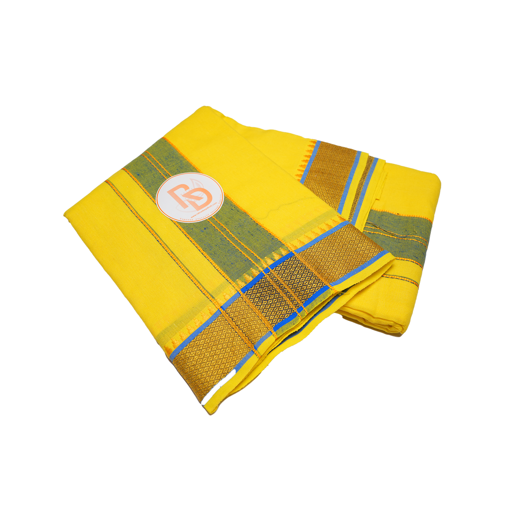 golden border sunburst yellow cotton dhoti set