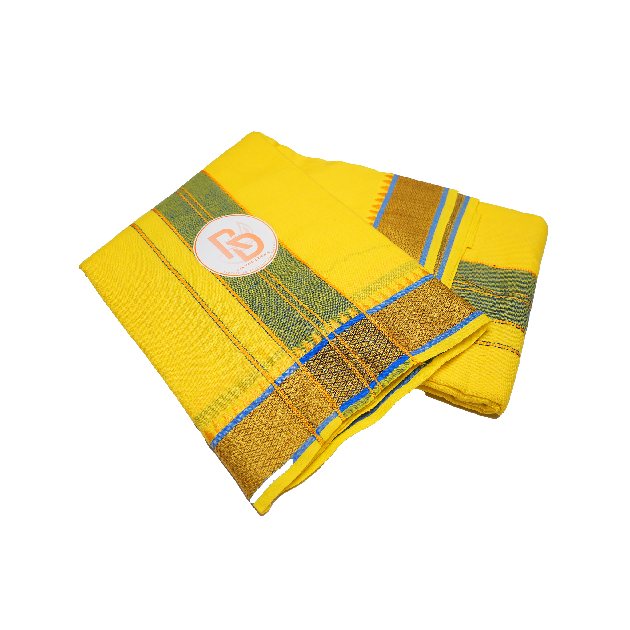 golden border sunburst yellow cotton dhoti set