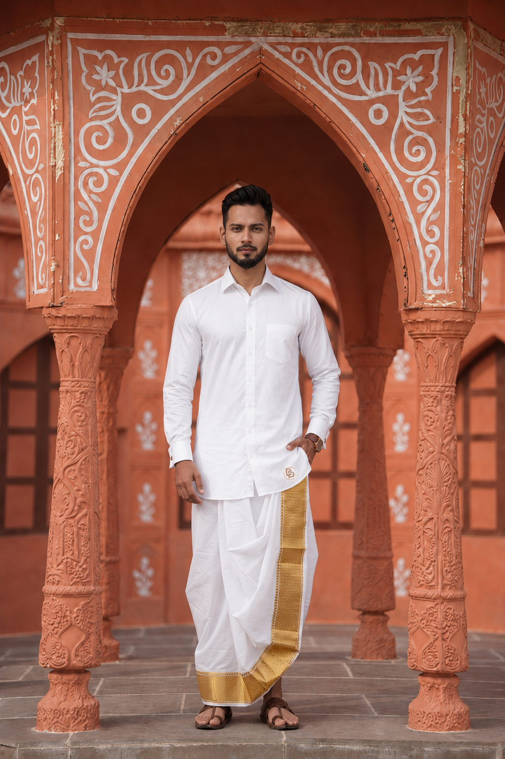 Man wearing a golden border white dhoti and shirt combo