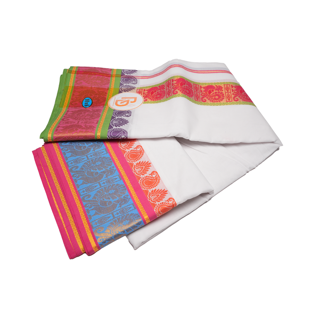 Multicolor golden peacock motif border white cotton dhoti set