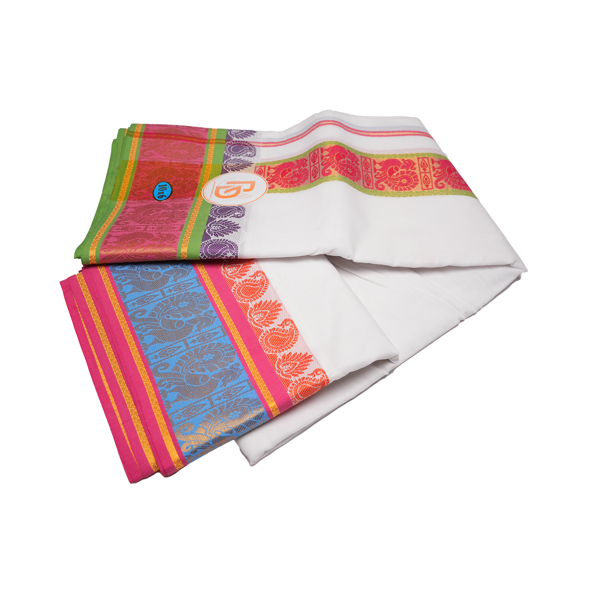 Multicolor golden peacock motif border white cotton dhoti set
