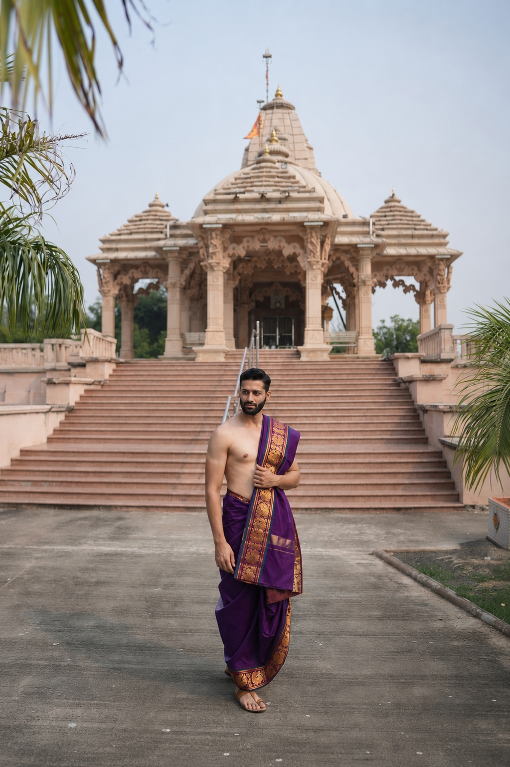 Man wearing a golden peacock zari border royal purple pure silk dhoti with matching uparana