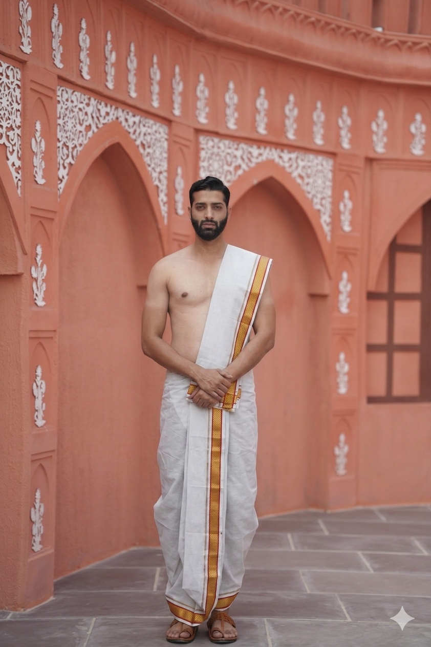 Man wearing a golden temple border cotton dhoti with khes