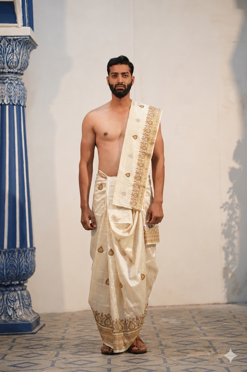 Man wearing a golden work cotton dhoti with matching uparana