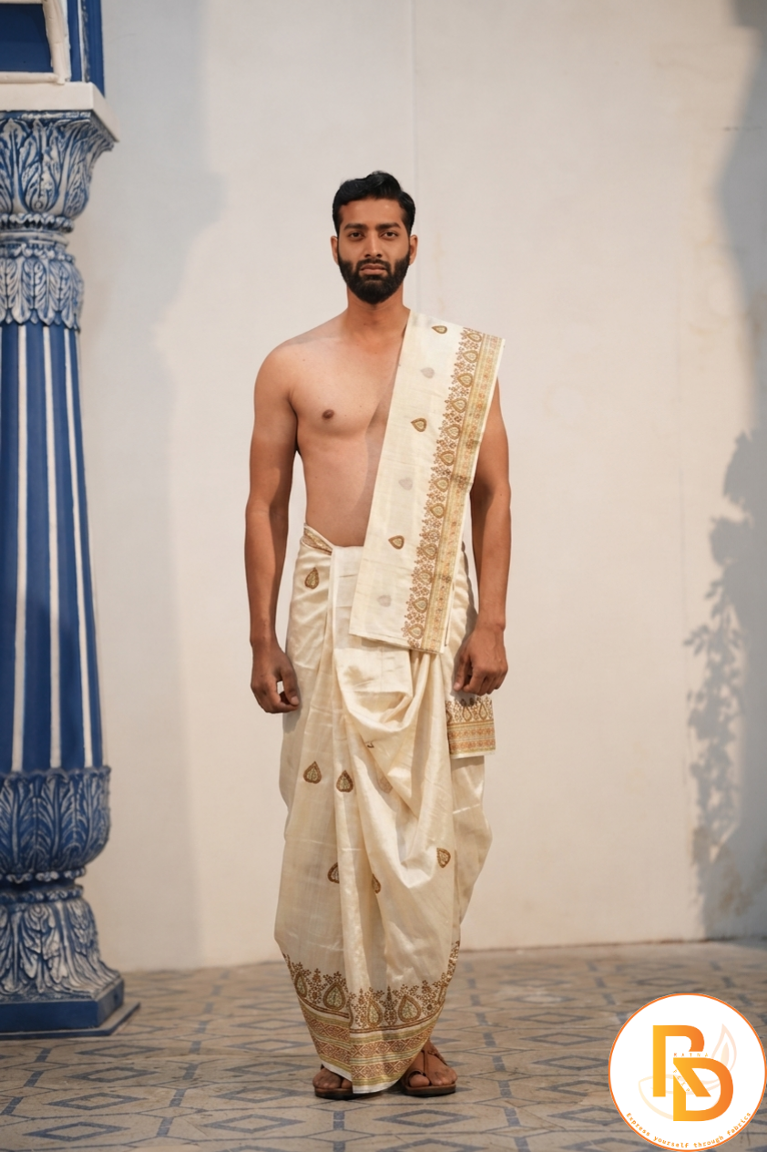 Man wearing a golden work cotton dhoti with matching uparana