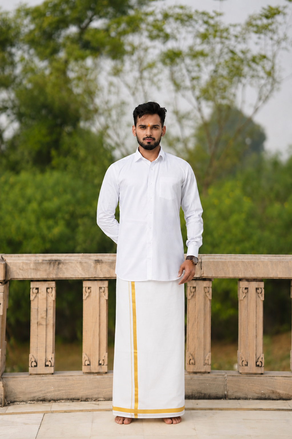 Man wearing a golden yellow border white dhoti and shirt combo