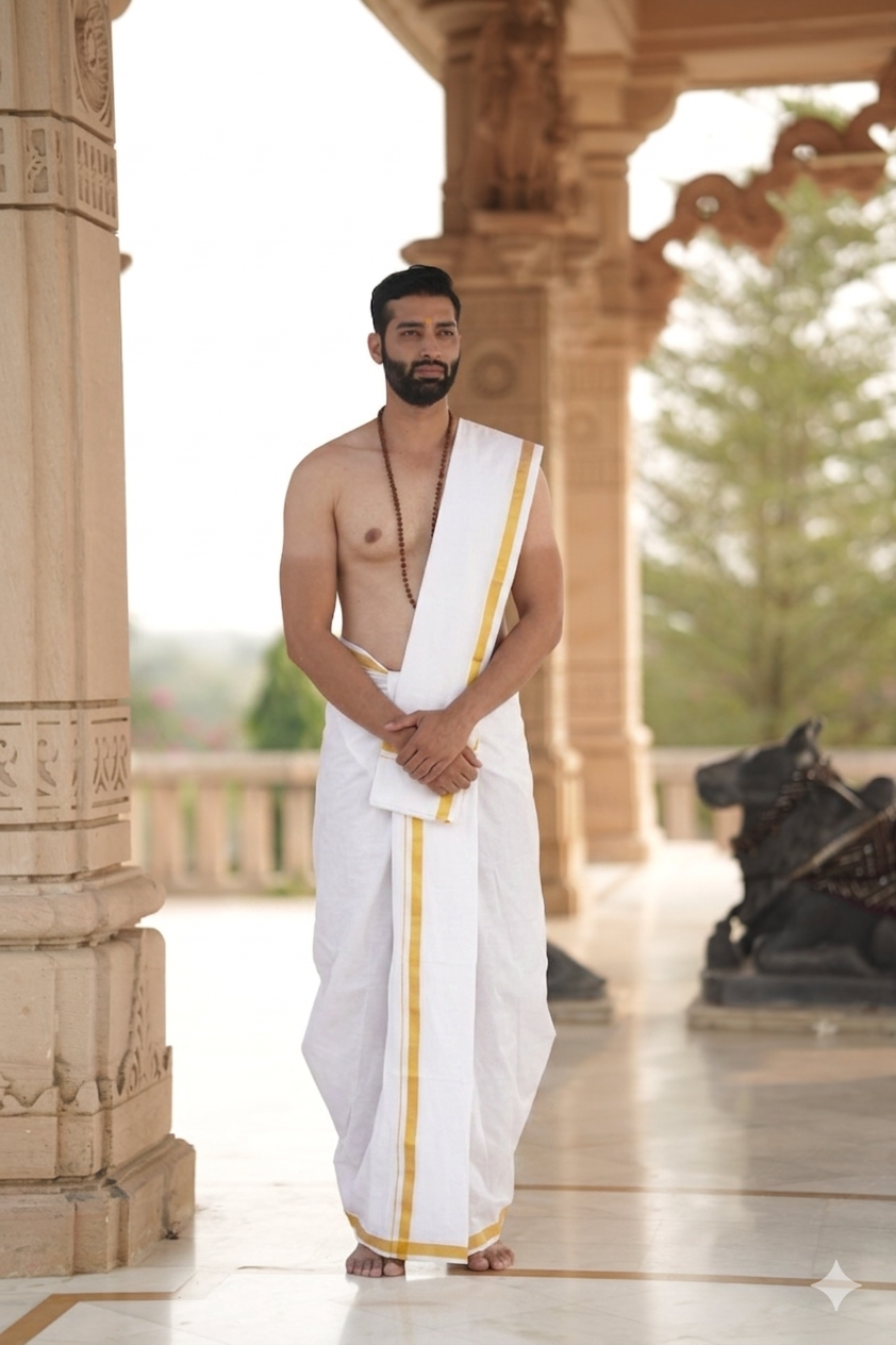 Man wearing a golden yellow stripe white mulmul cotton dhoti with uparana