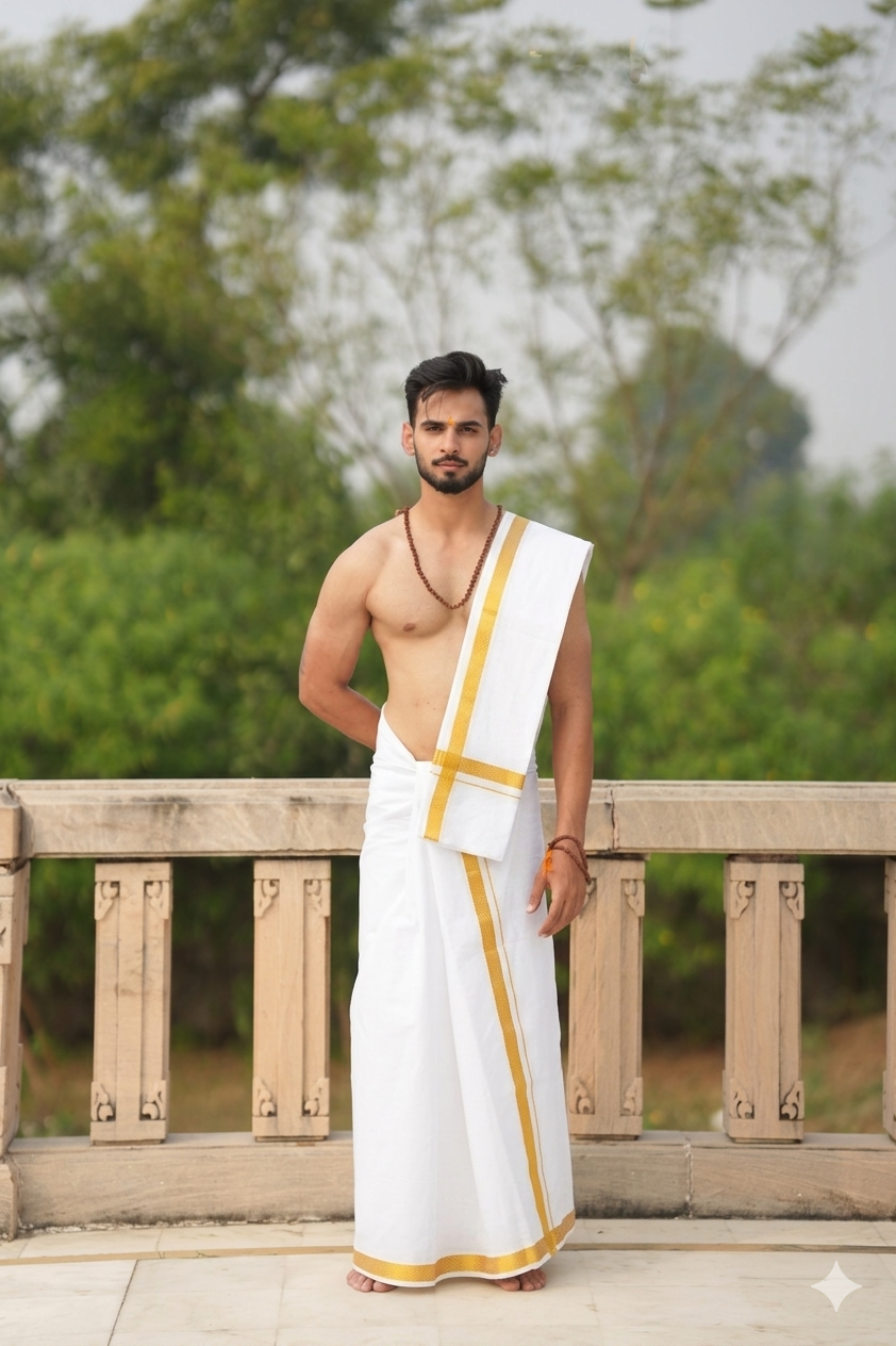 Man wearing a golden zari border cotton dhoti with khes