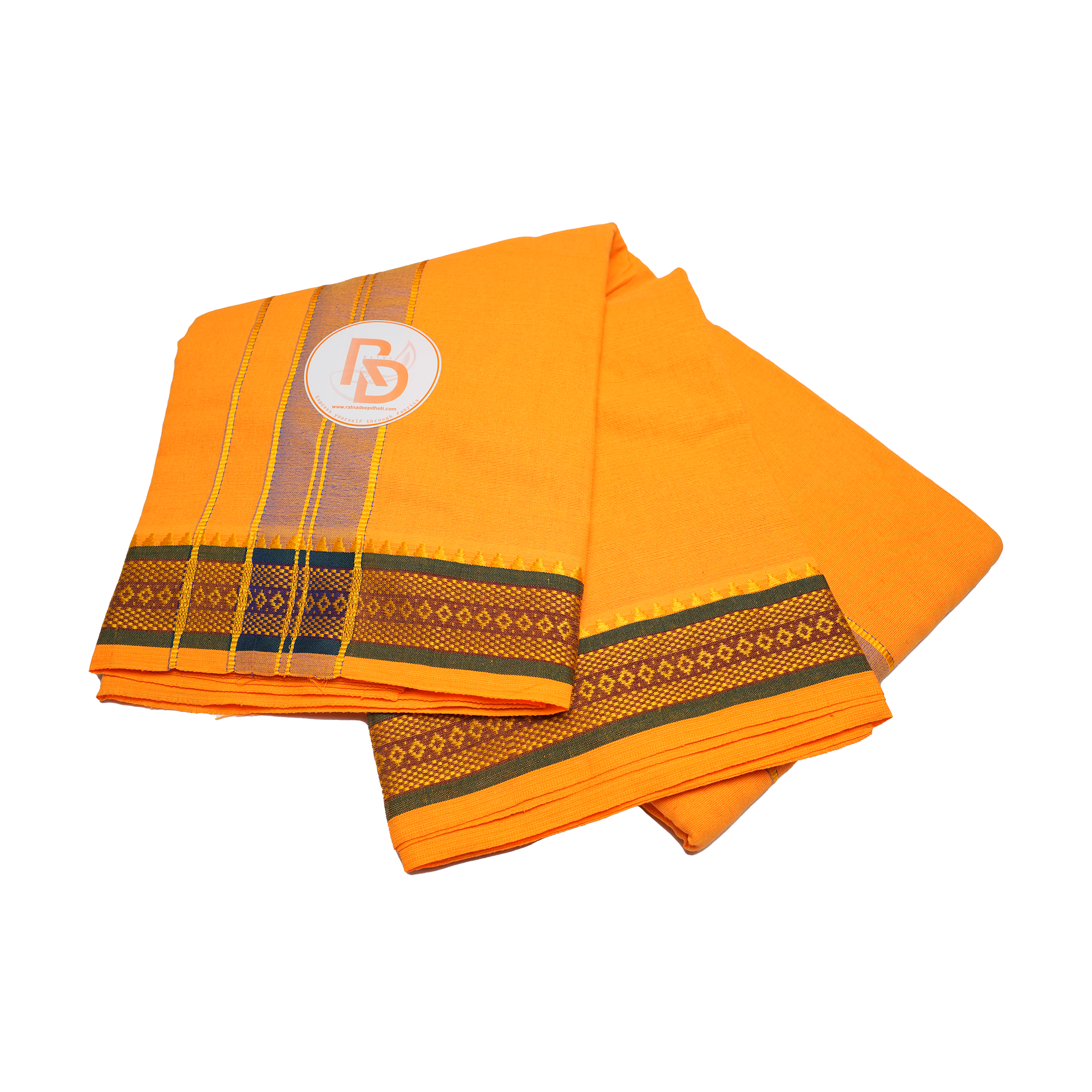 golden zari border orange cotton dhoti set