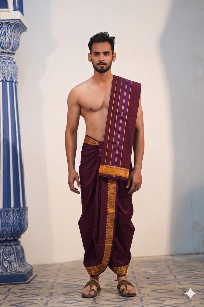 Man wearing a golden zigzag border maroon cotton dhoti with matching angavastram