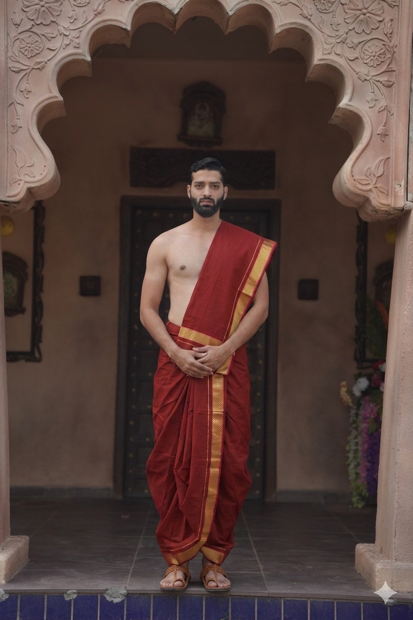 Man wearing a graceful golden border maroon dhoti with uparana