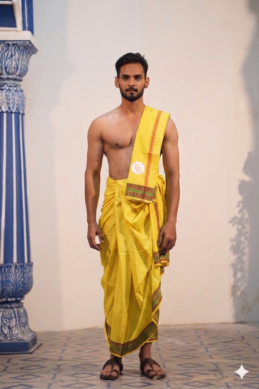 Man wearing a green and maroon floral border yellow cotton dhoti with matching uparana