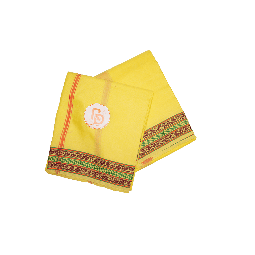 green and maroon floral border yellow cotton dhoti set