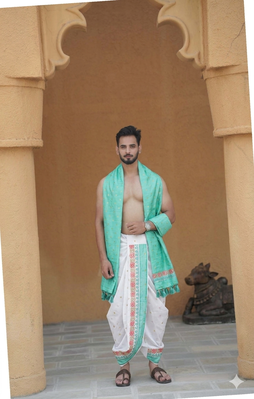 Man wearing a green border abhishek dhoti with matching gamcha