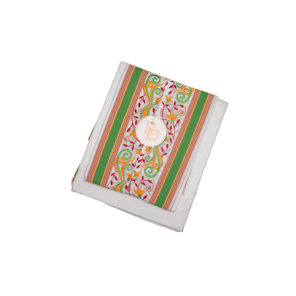 green embroidered floral vine border white cotton dhoti set