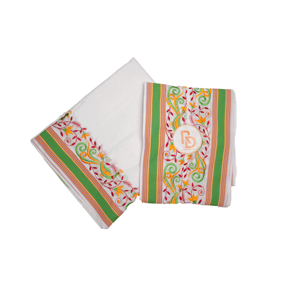 green embroidered floral vine border white cotton dhoti set