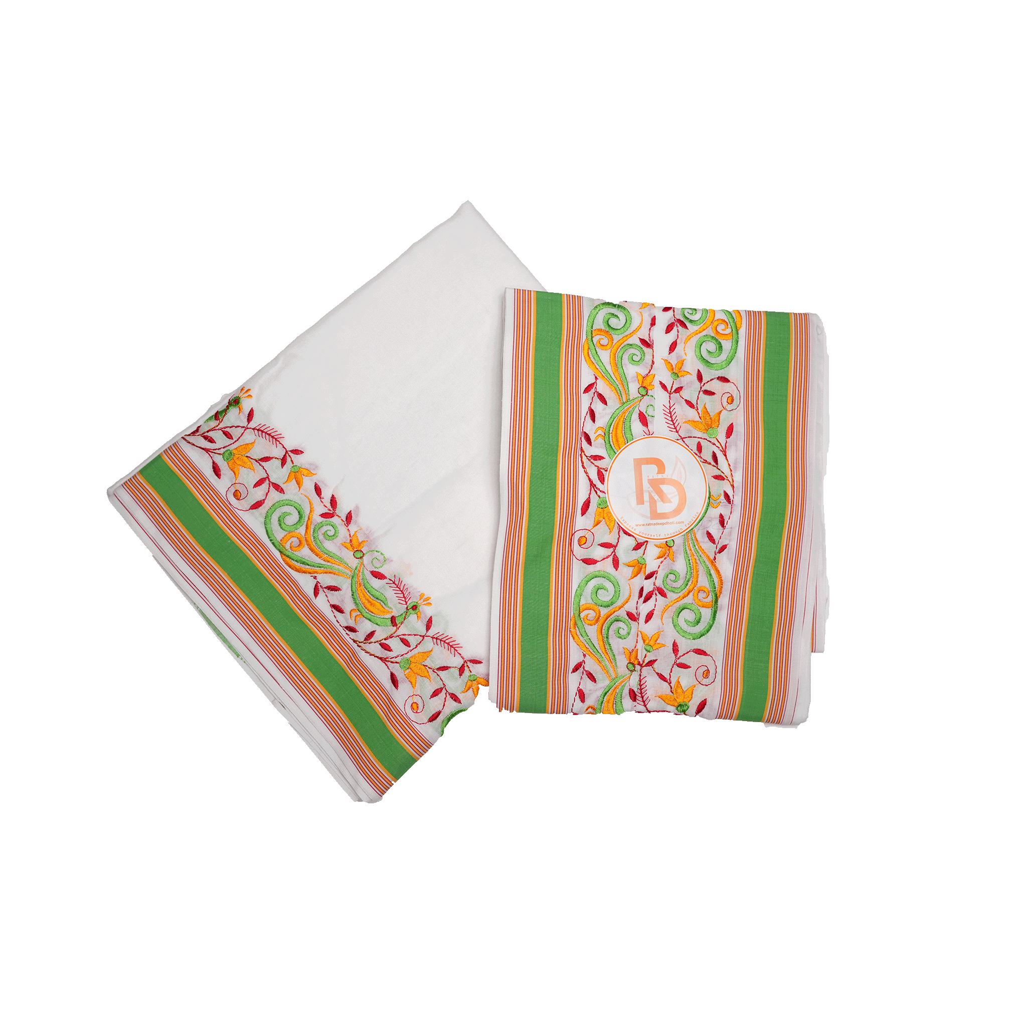 green embroidered floral vine border white cotton dhoti set