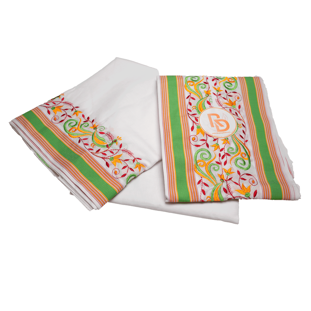 green embroidered floral vine border white cotton dhoti set