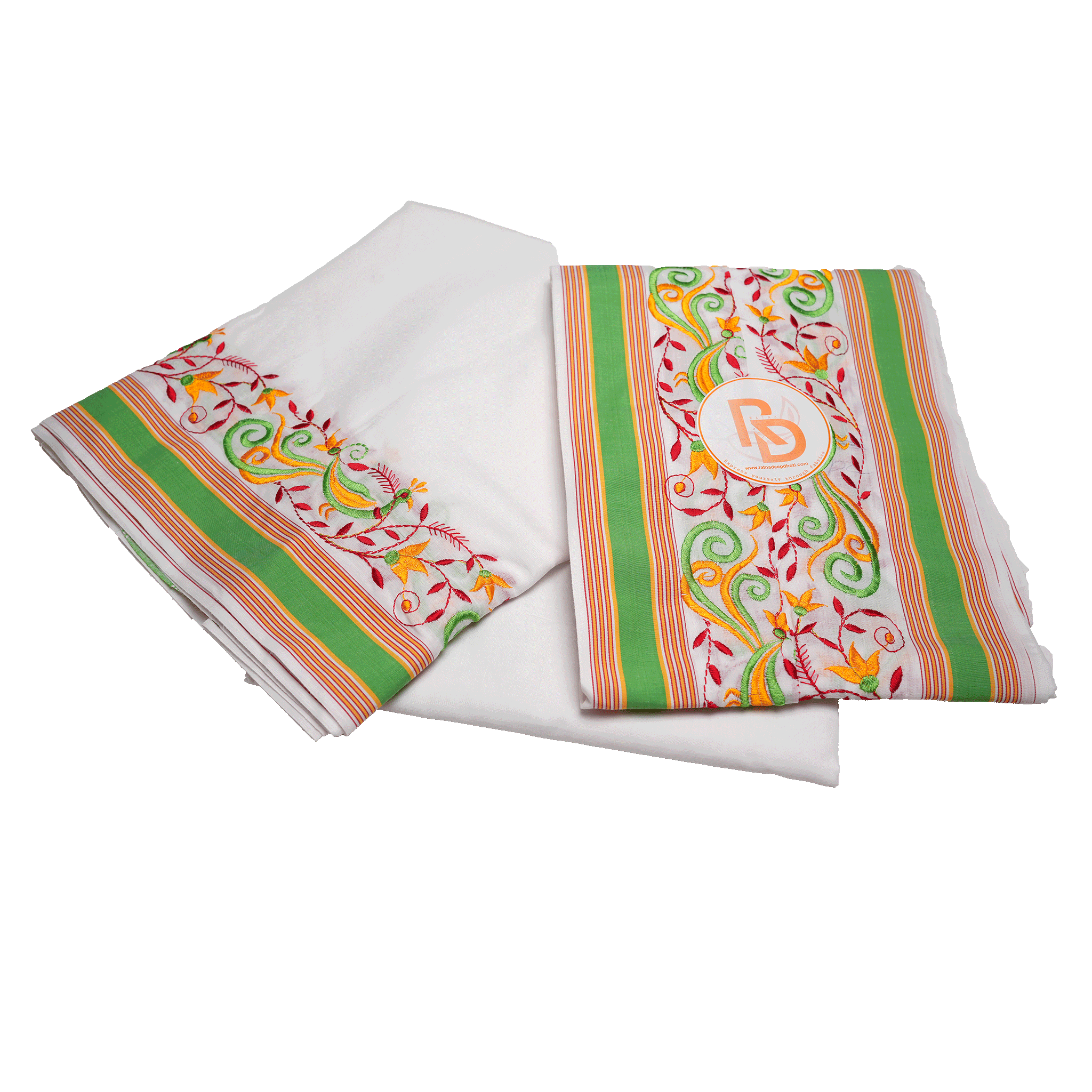 green embroidered floral vine border white cotton dhoti set