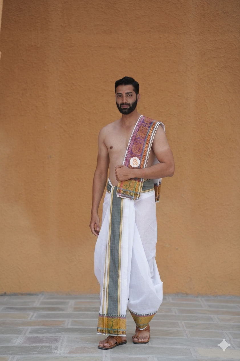 Man wearing a green gold peacock border dhoti set