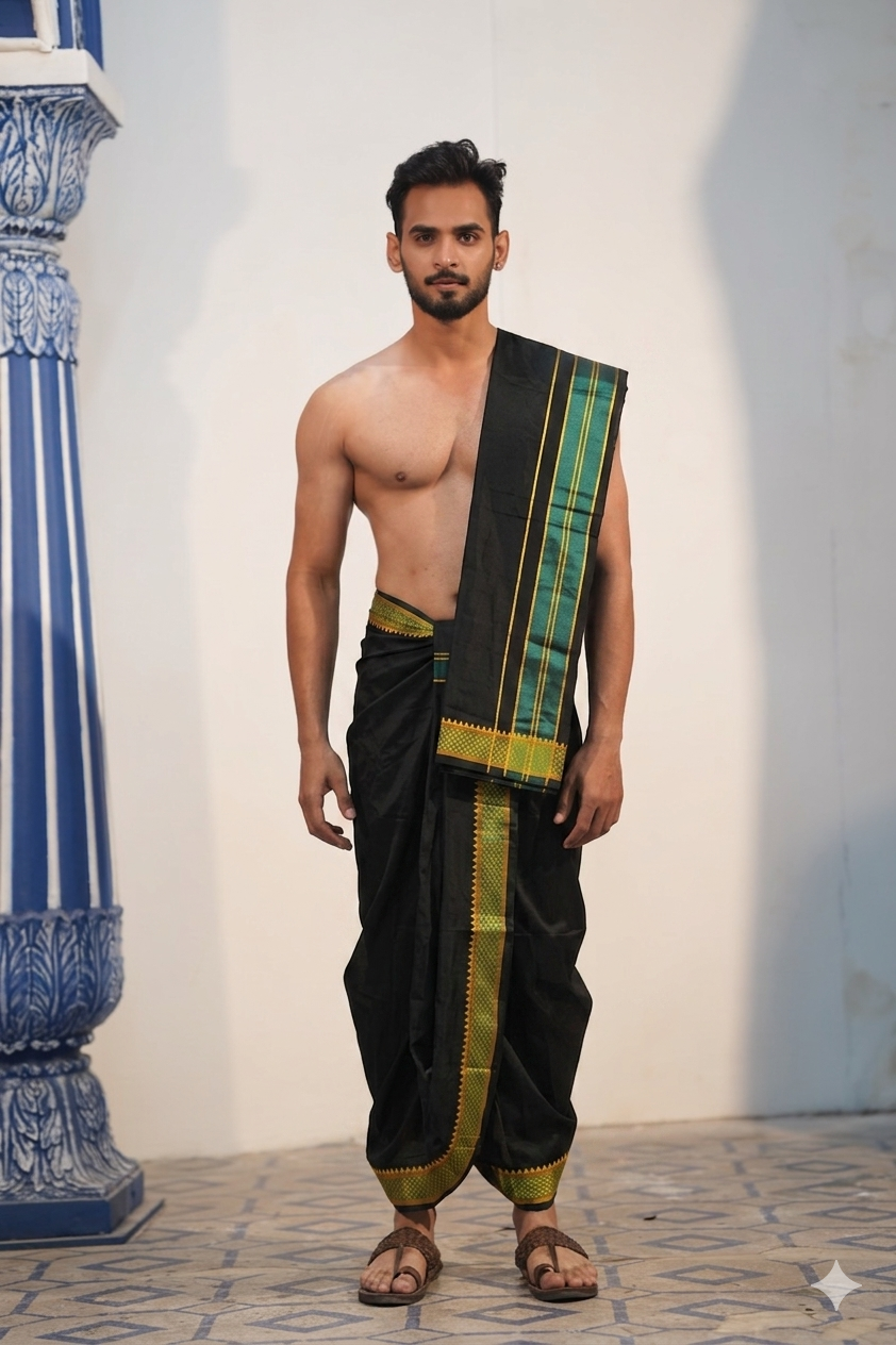 Man wearing a green & golden border black cotton dhoti with matching uparana