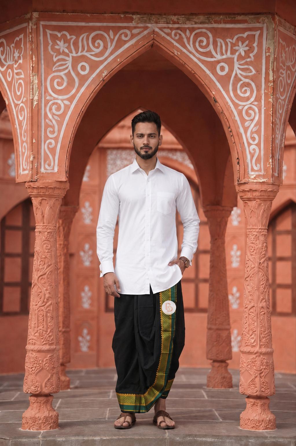 Man wearing a green golden border black dhoti and shirt combo