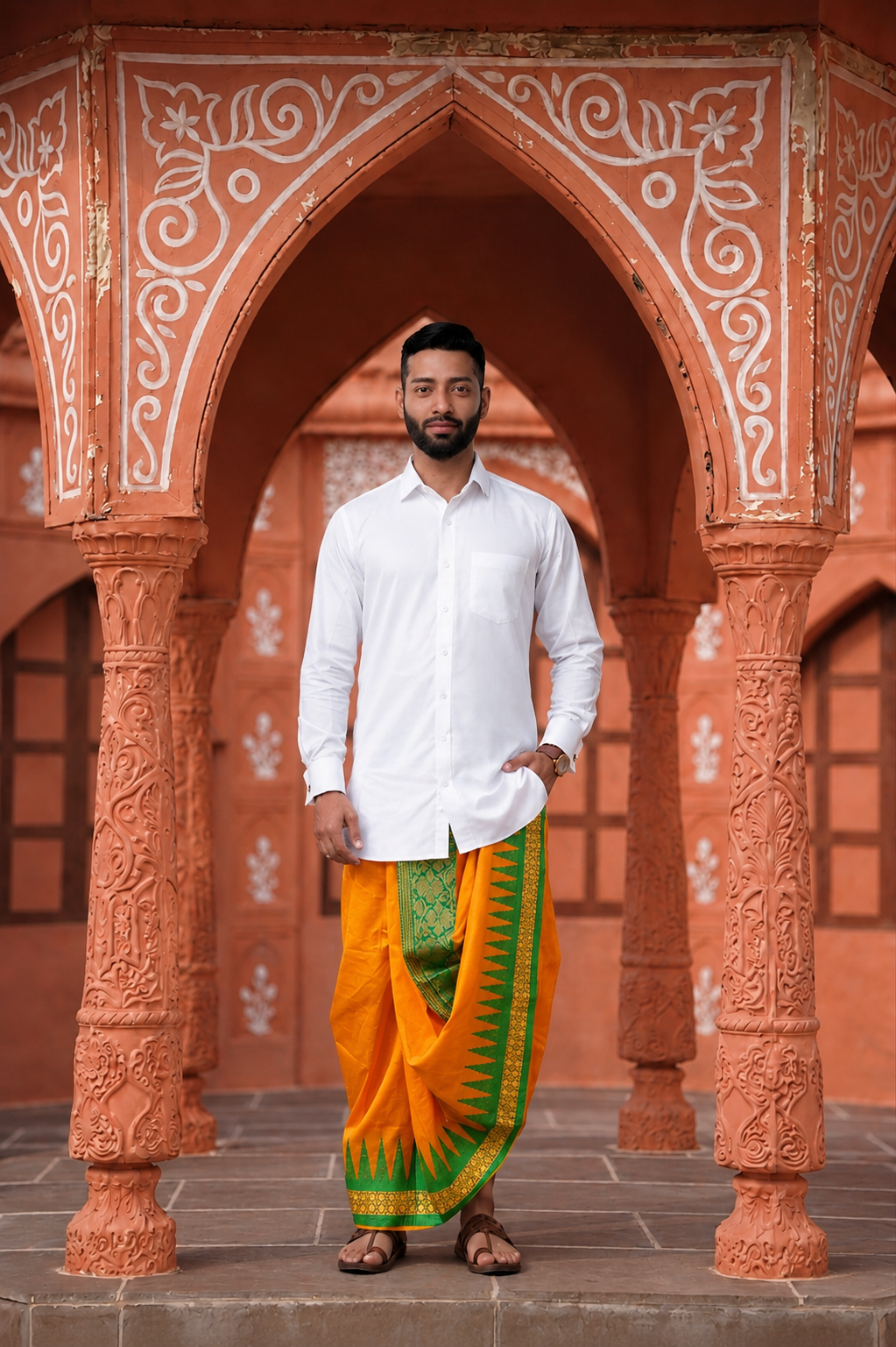 Man wearing a green golden border orange dhoti and shirt combo