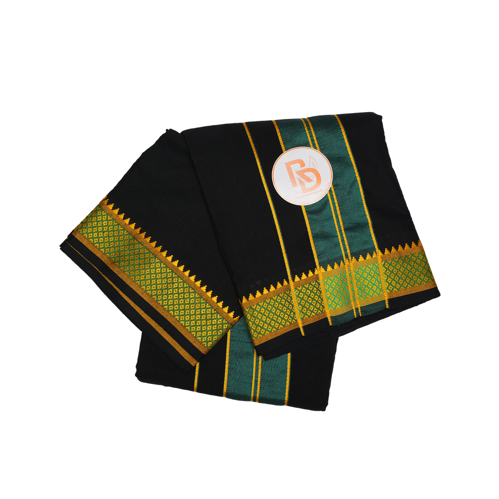 green & golden border black cotton dhoti set