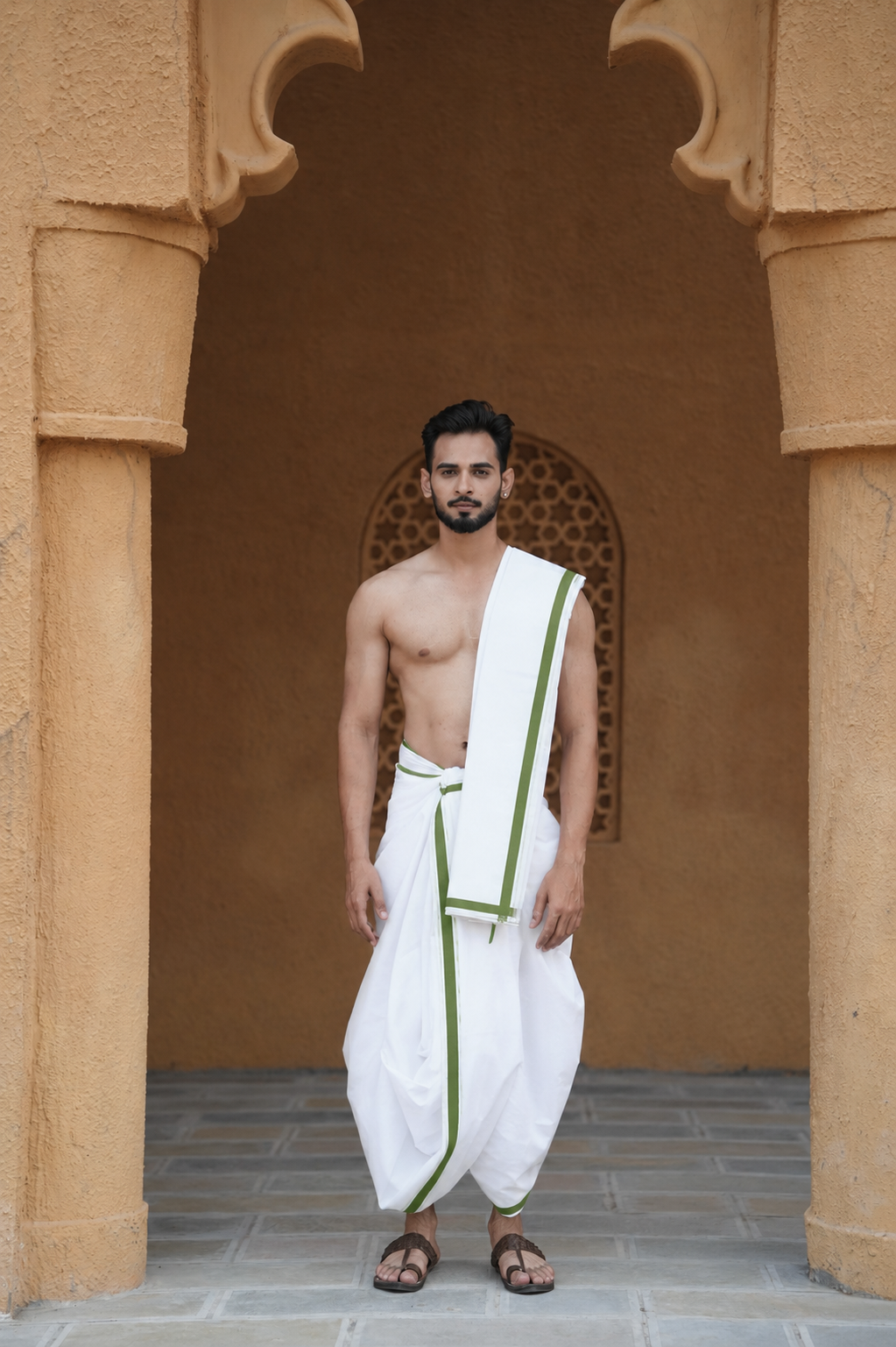 Man wearing a green stripe border cotton dhoti with matching khes