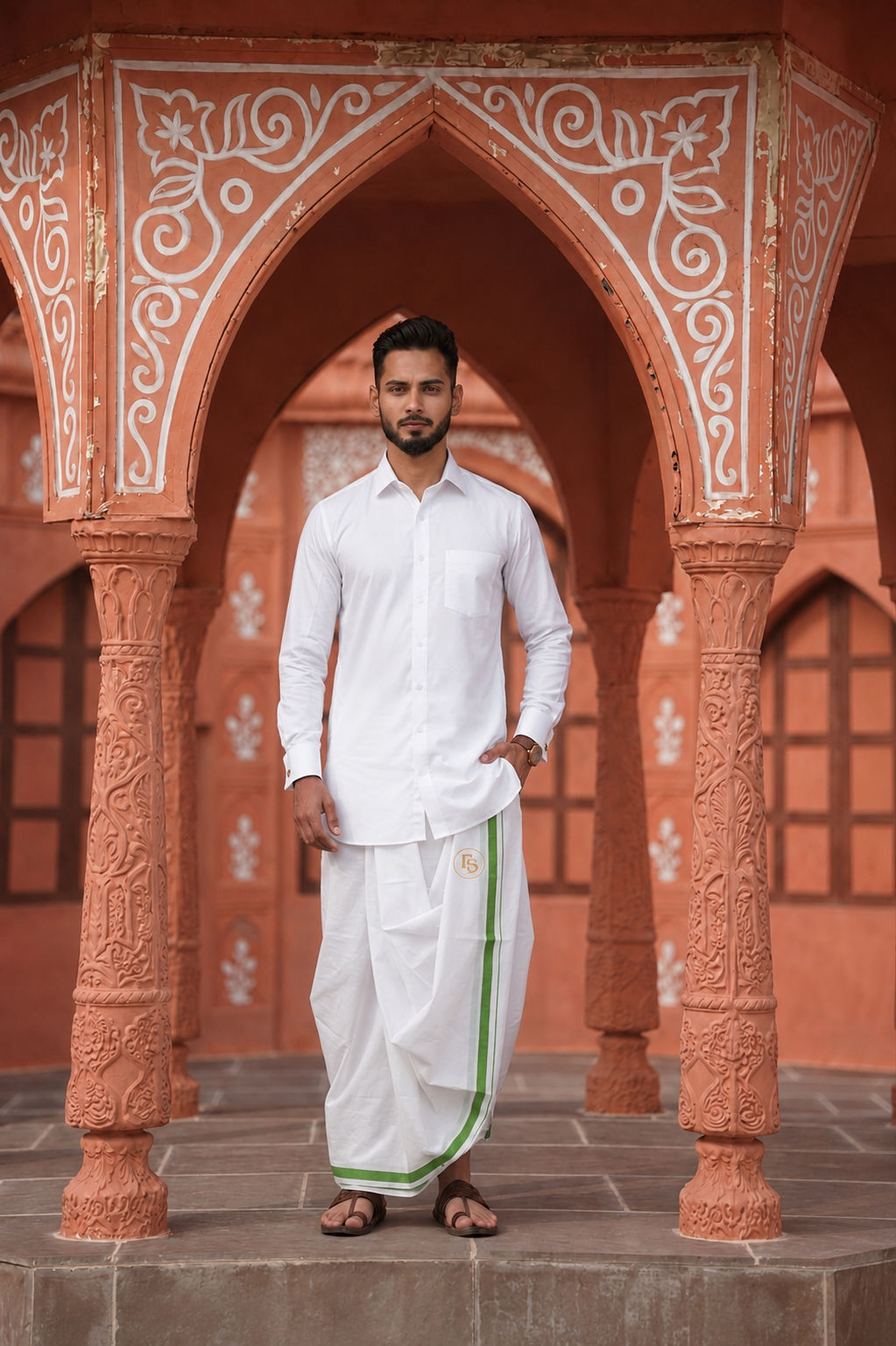 Man wearing a green stripe border white dhoti and shirt combo