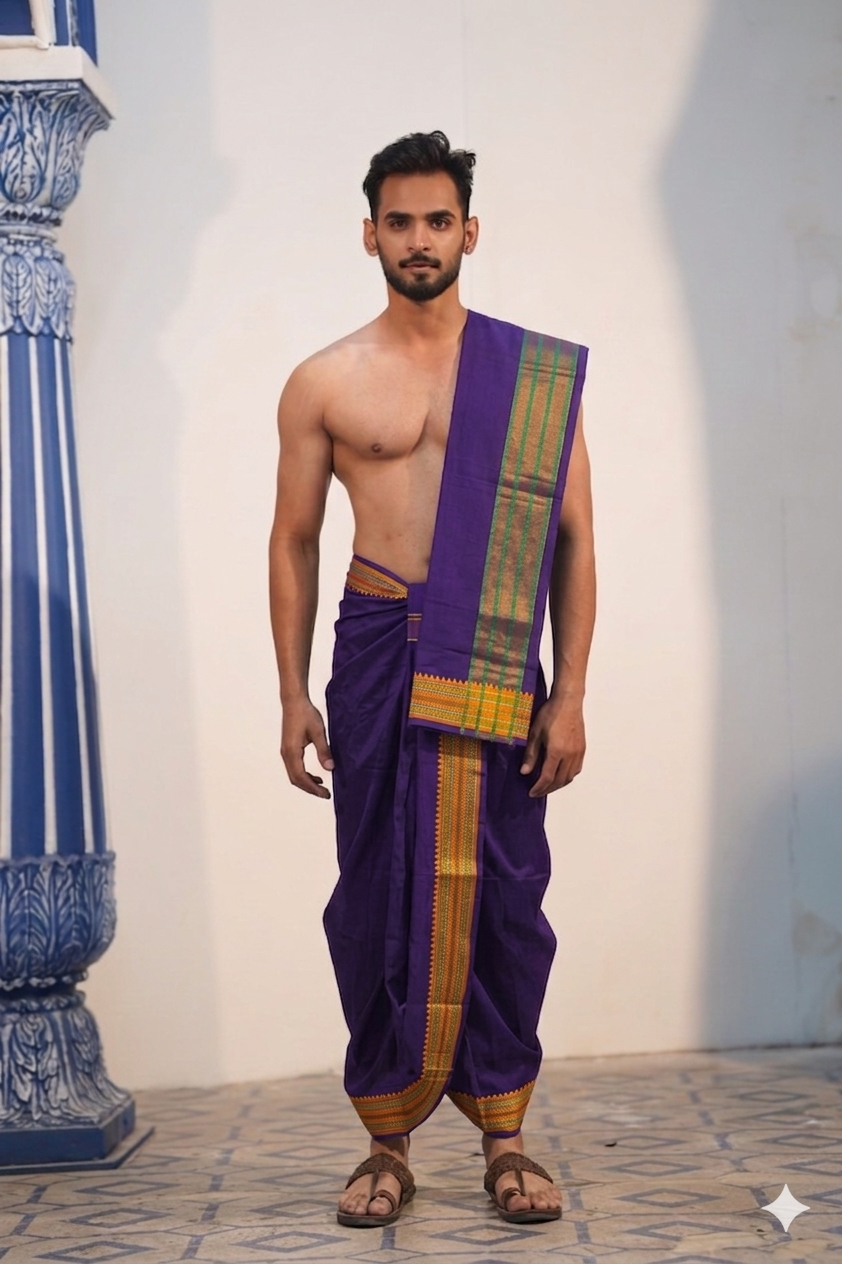 Man wearing a green stripe gold temple border purple cotton dhoti with matching uparana