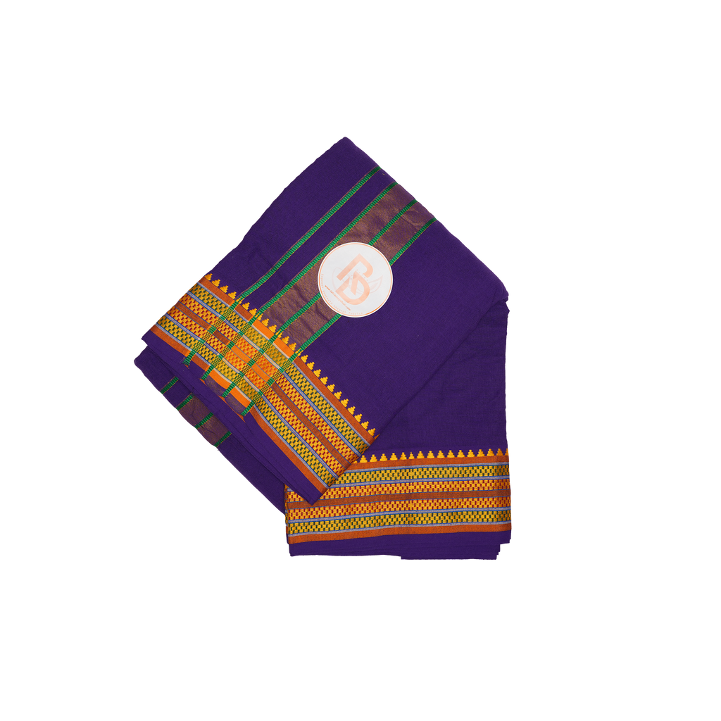 green stripe gold temple border purple cotton dhoti set